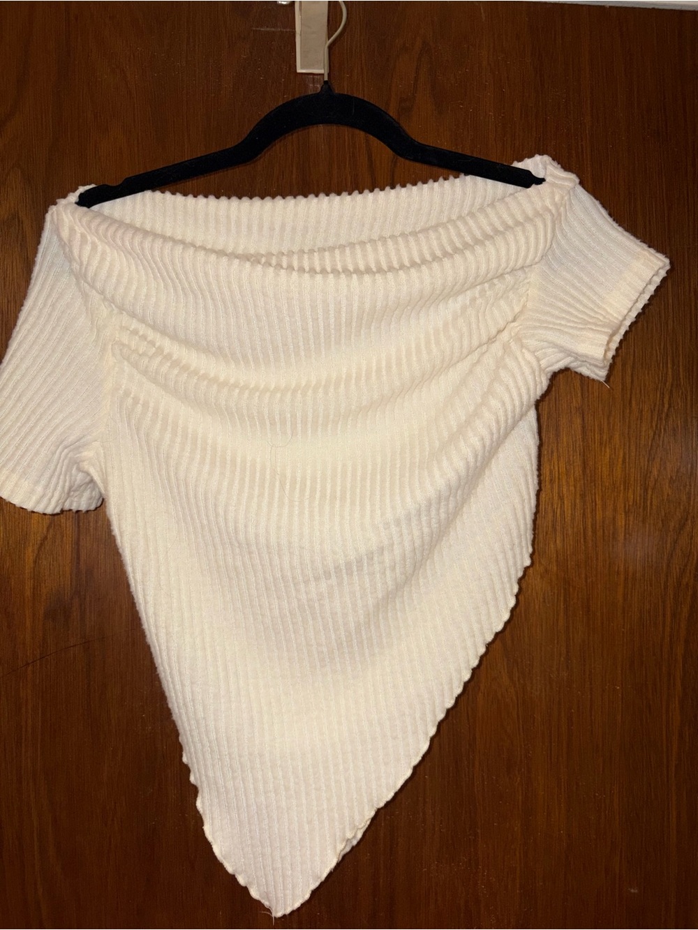 Off-Shoulder Cream Ribbed Short-Sleeve Women's Sweater